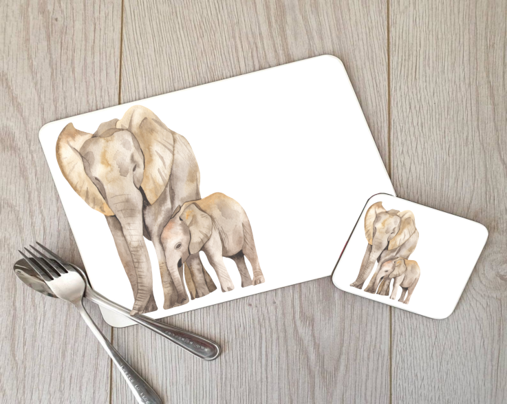 Elephant Hardboard Placemat and Coaster Set, Elephant Table Set